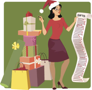 Stressed woman in a Santa hat crossing out names from a long Christmas shopping list, pile of gifts at her feet.