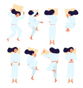 Sleep positions illustration. Flat female character in eight different poses for sleeping: soldier, starfish, metal, on stomach, on side. 